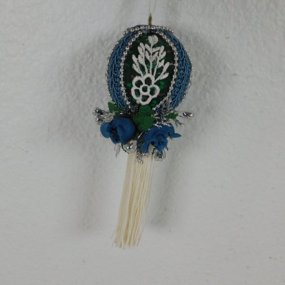 Handmade Fabric Rose Tassel Blue Silver Ball Christmas Tree Ornament 3" Dia 6" L - Picture 3 of 8